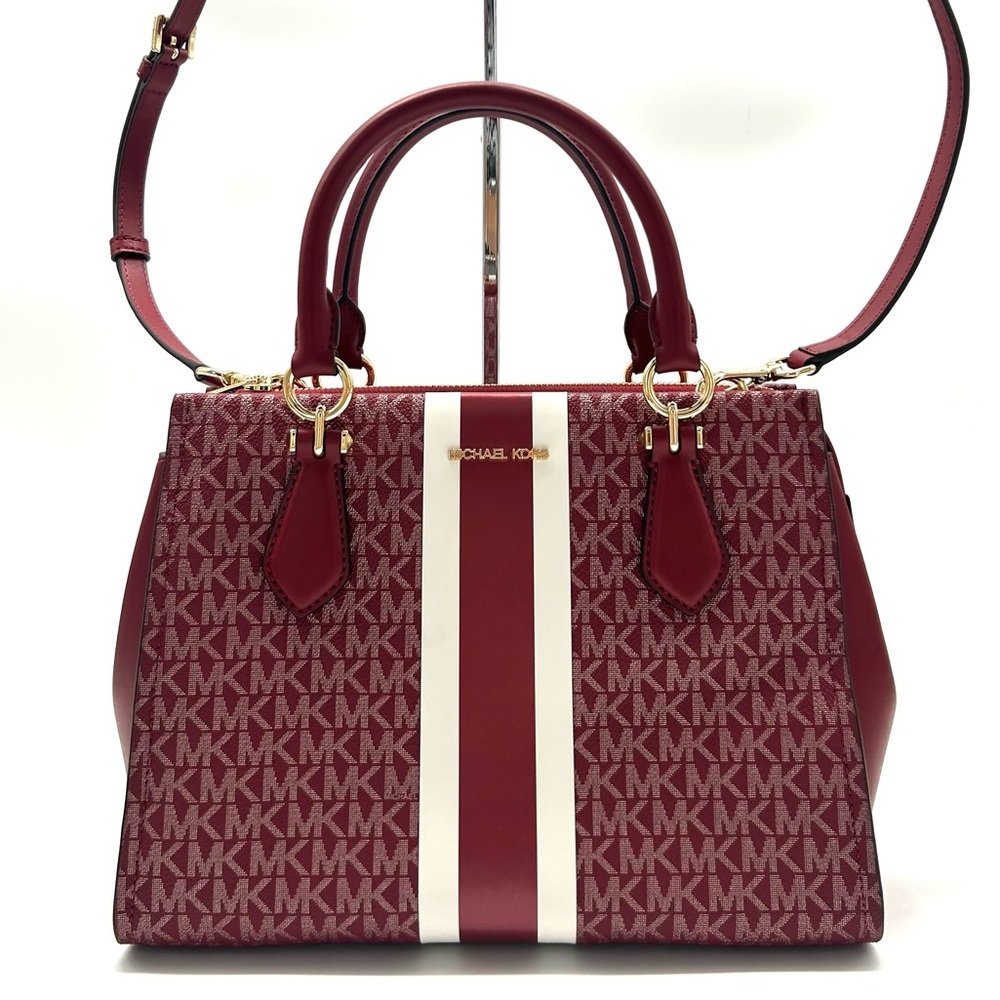 Michael Kors Marilyn Medium Signature Logo Stripe Satchel Bag Cherry - Picture 1 of 10